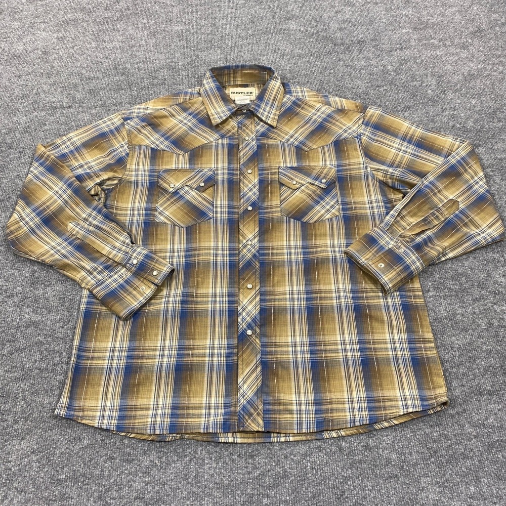 Vintage Rustler Western Pearl Snap Shirt Mens Large Tan Blue Plaid Metallic